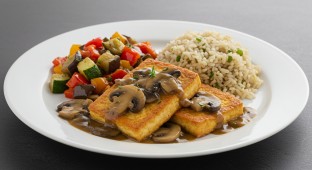 Fried Tofu Mushroom au Jus with Garlic Rice Pilaf and Ratatouille