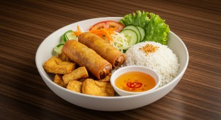 Veggie Spring Roll and Tofu Rice Bowl