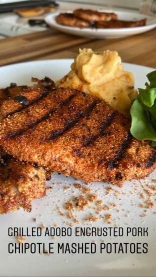 Adobo Encrusted Pork Loin With Chipotle Potatoes and Sauteed Veggies