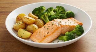 Pan Seared Salmon With Roasted Potatoes and Sauteed Broccoli