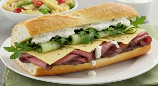 Roast Beef and Havarti Sandwich with pasta salad