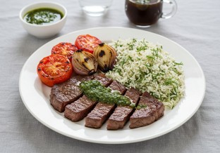 Flat Iron Steak with Persian Style Veggies, Dill Rice and Chimichurri