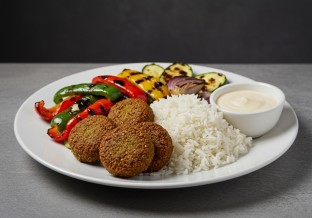 Falafel with Tahini Sauce, Basmati Rice and Grilled Veggies