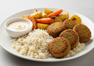 Falafel with Tahini Sauce, Basmati Rice and Roasted Veggies