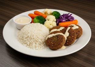 Falafel with Tahini Sauce, Basmati Rice and Steamed Veggies