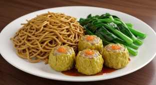 Sui Mai with Chow Mein and Gai Lan