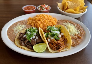 Steak & Carnitas Taco Plate with Rice, Beans, Chips, Salsa, and Guacamole