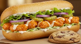 Buffalo Chicken Sub on Parmesan Bread and a Chocolate Chip Cookie (No Tomatoes)