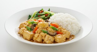 Braised Egg Tofu w/ Mushroom & Vegetable Over White RIce