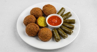 Falafel and Grape Leaves Plate with Spicy Sauce