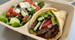 Beef Kebab Wrap with Tzatziki Sauce and a Greek Salad