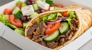 Beef Shawarma Wrap with Tzatziki Sauce and a Greek Salad