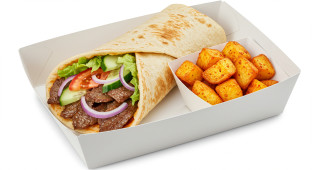 Beef Kebab Wrap with Tahini and Spicy Potatoes
