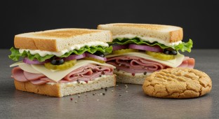 Ham and Swiss Sub on White Bread and a Peanut Butter Cookie (No Tomatoes)