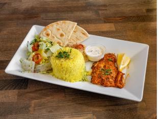 Grilled Salmon with Rice and Sauteed Veggies (Thoum Sauce)