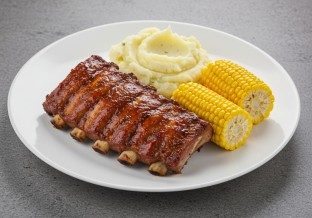 BBQ Pork Ribs with Mashed Potatoes and Corn on the Cob