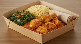 Doro Wot with Gomen, Bulgur Wheat and Injera