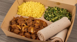 Siga Alicha with Gomen, Couscous and Injera
