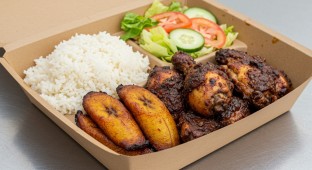 Jerk Chicken with White Rice, Plantains and Side Salad