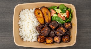Vegan Jerk Tofu with White Rice, Plantains and Side Salad