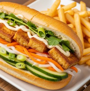 (No Jalapeno) Vegan Lemongrass Tofu Banh Mi Meal with Fries [Large]