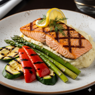 Grilled Salmon with Mashed Potatoes & Grilled Veggies