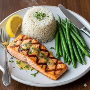 Grilled Samon with Steamed Basmati Rice & Green Beans
