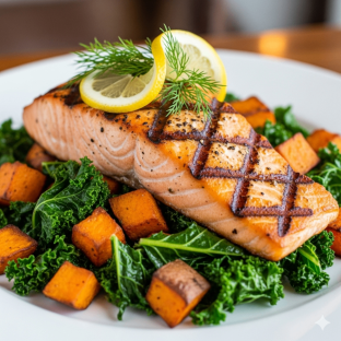 Grilled Salmon, Roasted Sweet Potatoes & Kale