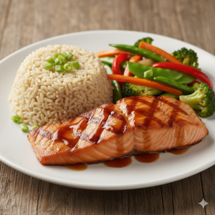 Teriyaki Glazed Salmon, Brown Rice & Stir-Fried Vegetables