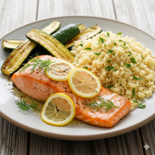 Lemon-Dill Salmon, Couscous & Roasted Zucchini