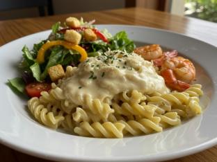 Shrimp Alfredo and Garden Salad