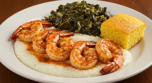 Cajun Grilled Shrimp and Grits With Collard Greens and Cornbread (NO Tomato)