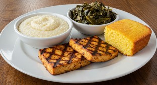 Cajun Grilled Tofu and Grits With Collard Greens and Cornbread (No Tomato)