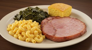 Ham Steak With Mac N Cheese, Collard Greens and Cornbread