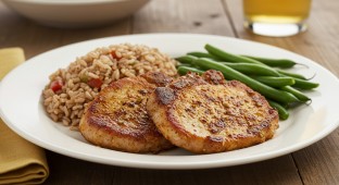 Cajun Pork Chops With Dirty Rice, and String Beans