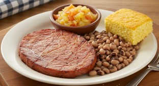Ham Steak With Black Eyed Peas, Chow Chow and Cornbread
