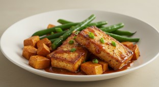 Cajun Tofu With Roasted Yams and String Beans (NO Tomato)