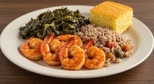 Cajun Grilled Shrimp and Dirty Rice With Collard Greens and Cornbread