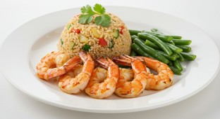 Grilled Shrimp With Thai Fried Rice, and Sauteed Green Beans