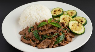 Thai Basil Beef With Jasmine Rice, and Grilled Zucchini