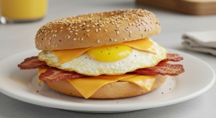 Egg Sandwich with Turkey Bacon on an Everything Bagel