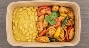 Chicken Saltado with Yellow Chili Beans