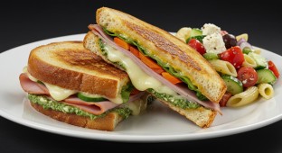 Cured Ham Sandwich with Greek Pasta Salad
