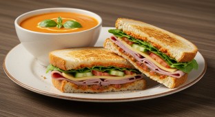 Gluten Free Cured Ham Sandwich with Tomato Basil Soup