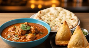Chicken Curry with Plain Naan and Vegan Samosa