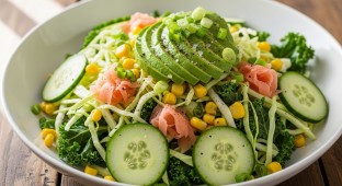 Avocado bowl over Salad with Cucumber, Cabbage, Blanched Kale, Sweet Corn, Pickled Ginger, and Green Onion