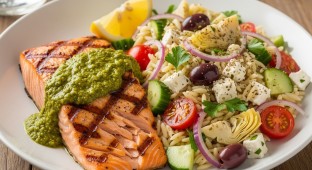 Grilled Salmon Pistachio Pesto with Orzo Pasta Salad