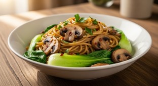 Vegan Garlic Noodles with Sauteed Mushrooms and Bok Choy