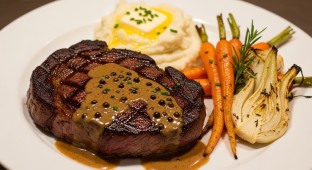 Seared Ribeye with Mashed Potatoes and Honey Roasted Carrots