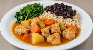 Chicken Stew with Brown Rice and Black Beans and Sautéed Spinach